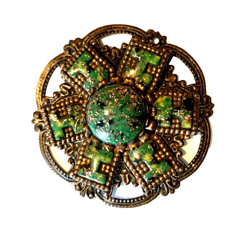 Vintage Copper Enamel Pendant Green & Gold Confetti Bold Mid Century Modern MCM